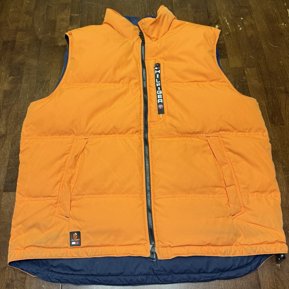 Vtg Tommy Hilfiger Vest Mens XL Navy Orange Reversible Down Puffer Colorblock - Picture 3 of 11